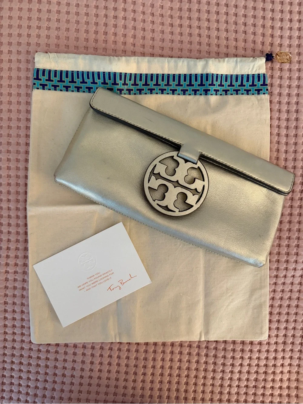 Tory Burch “Miller” Silver Logo Clutch - Metallic Leather Envelope Bag
